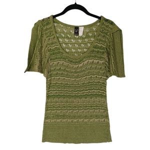 WINDSOR Green Tan Striped Knit Short Split Sleeve Top Medium